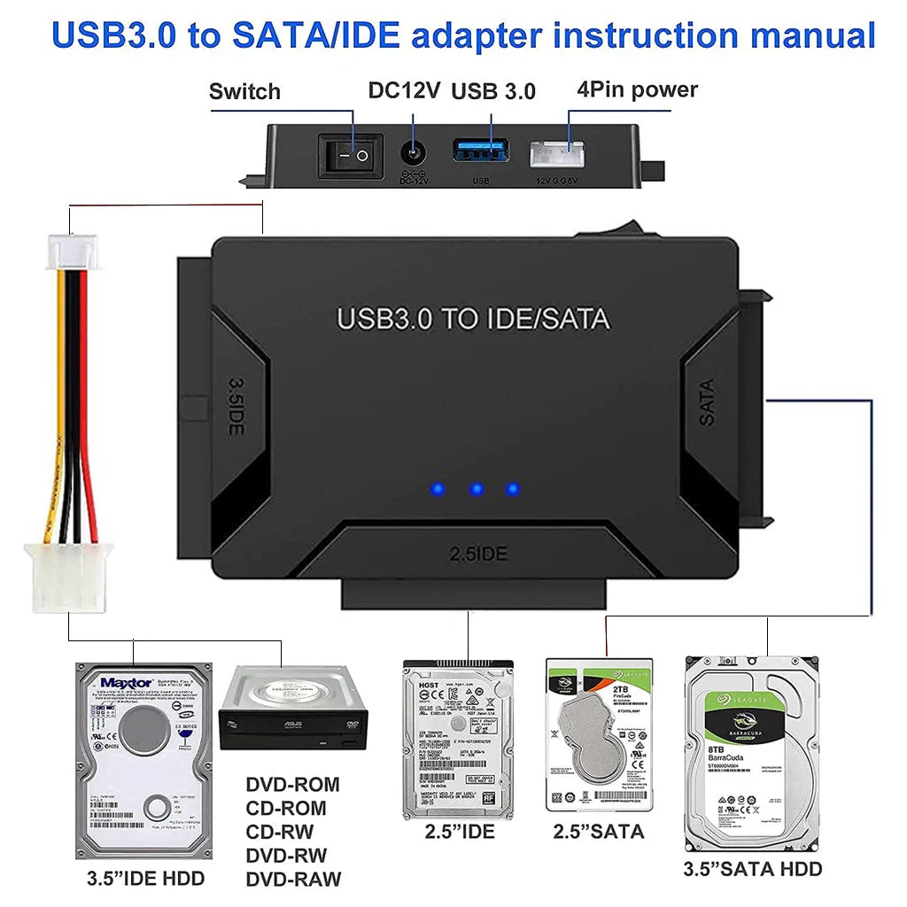 SATA/IDE naar USB 3.0-adapter – harde schijfconverter voor 2,5/3,5 inch SATA/IDE HDD, SSD, CD/DVD-ROM, ondersteunt tot 6TB voor pc en Mac