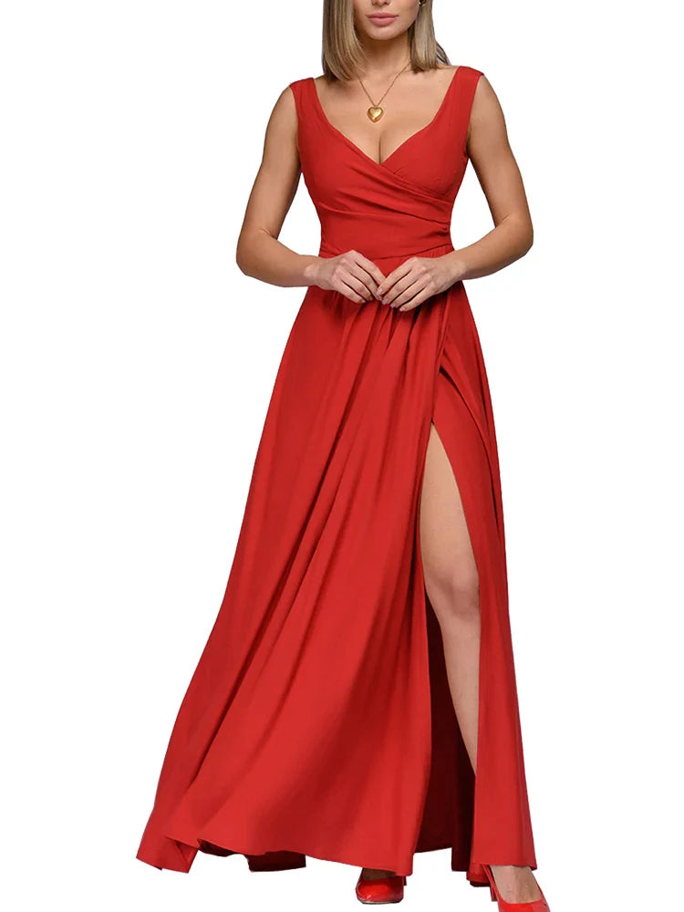 Sara Elegant Spring Summer Dress 2024 | Sexy Deep V Neck Sleeveless Slit Maxi