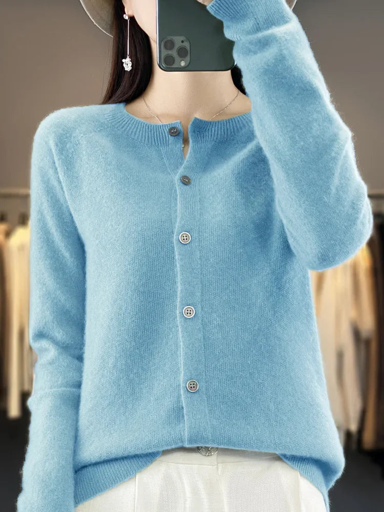 Chic Spring O-Neck Cardigan Sweater - 100% Merino Wool Women's Knitted Top