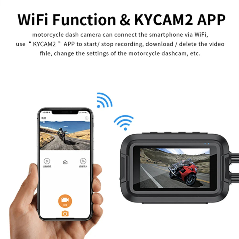 Cameră de bord pentru motocicletă Dual 1080P – Full HD WiFi GPS DVR rezistent la apă, Display IPS de 3", G-Sensor, Recorder video față și spate, Cutie neagră IP66