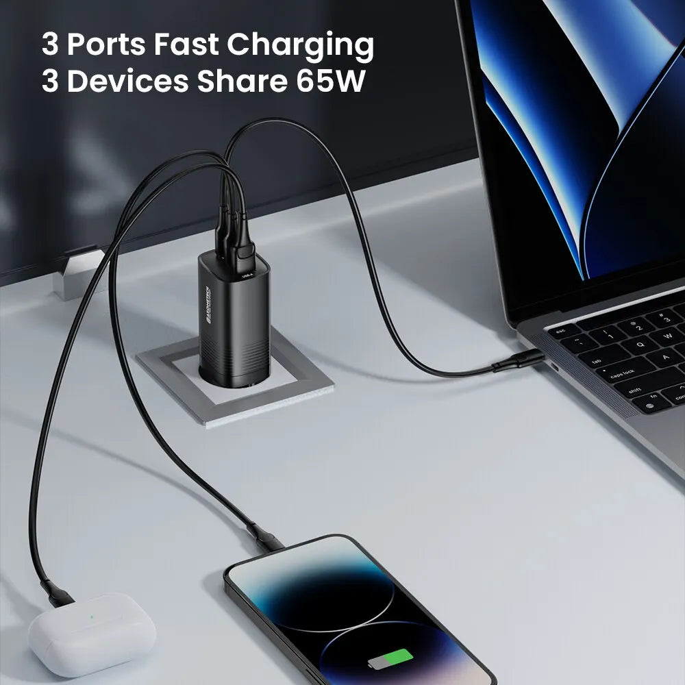 Încărcător 65W GaN USB Type C – Încărcător rapid PD QC4.0 pentru MacBook, laptop, iPhone 14, Samsung S23 Ultra, iPad și tabletă (Două porturi C)