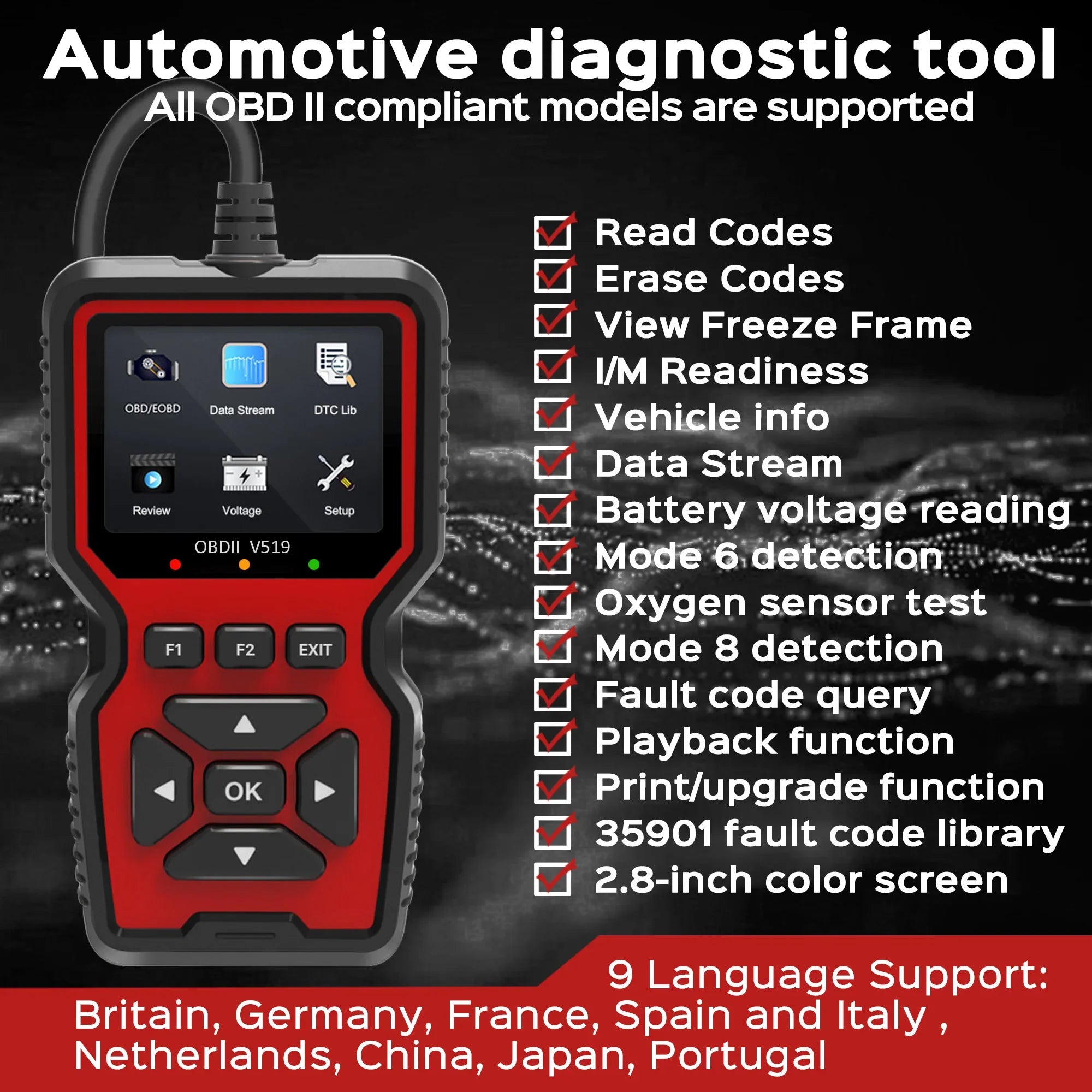 جهاز فحص OBD2 للبيانات الحية – أداة احترافية لقراءة رموز تشخيص OBDII لمصباح فحص المحرك، تشخيص السيارات والشاحنات