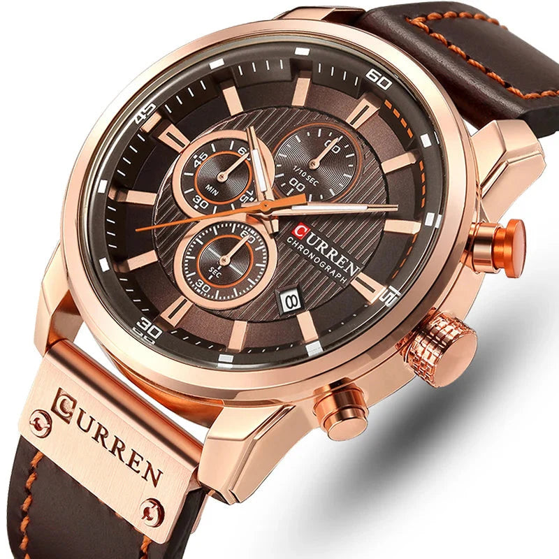 8291  Men's Leather Sports Watch - Chronograph Military Style Quartz Wristwatch