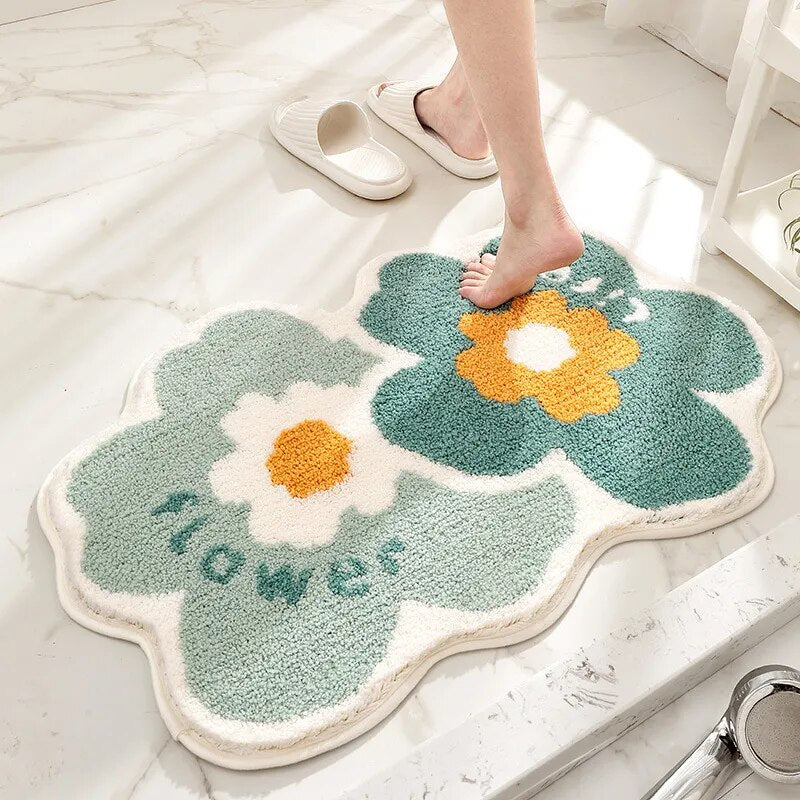 Green Leaves Flocking Bath Mat – Non-Slip, Absorbent Microfibre Bathroom Rug