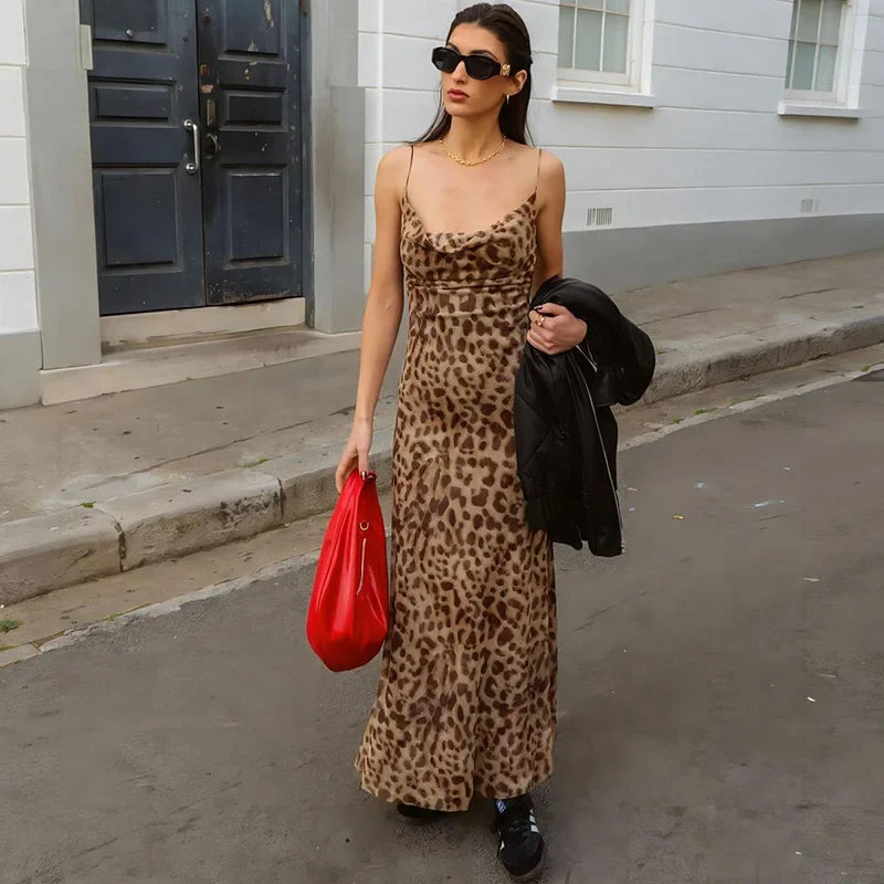 Sara Vintage Leopard Print Cami Dress - Sexy V-Neck Sleeveless Summer Dress