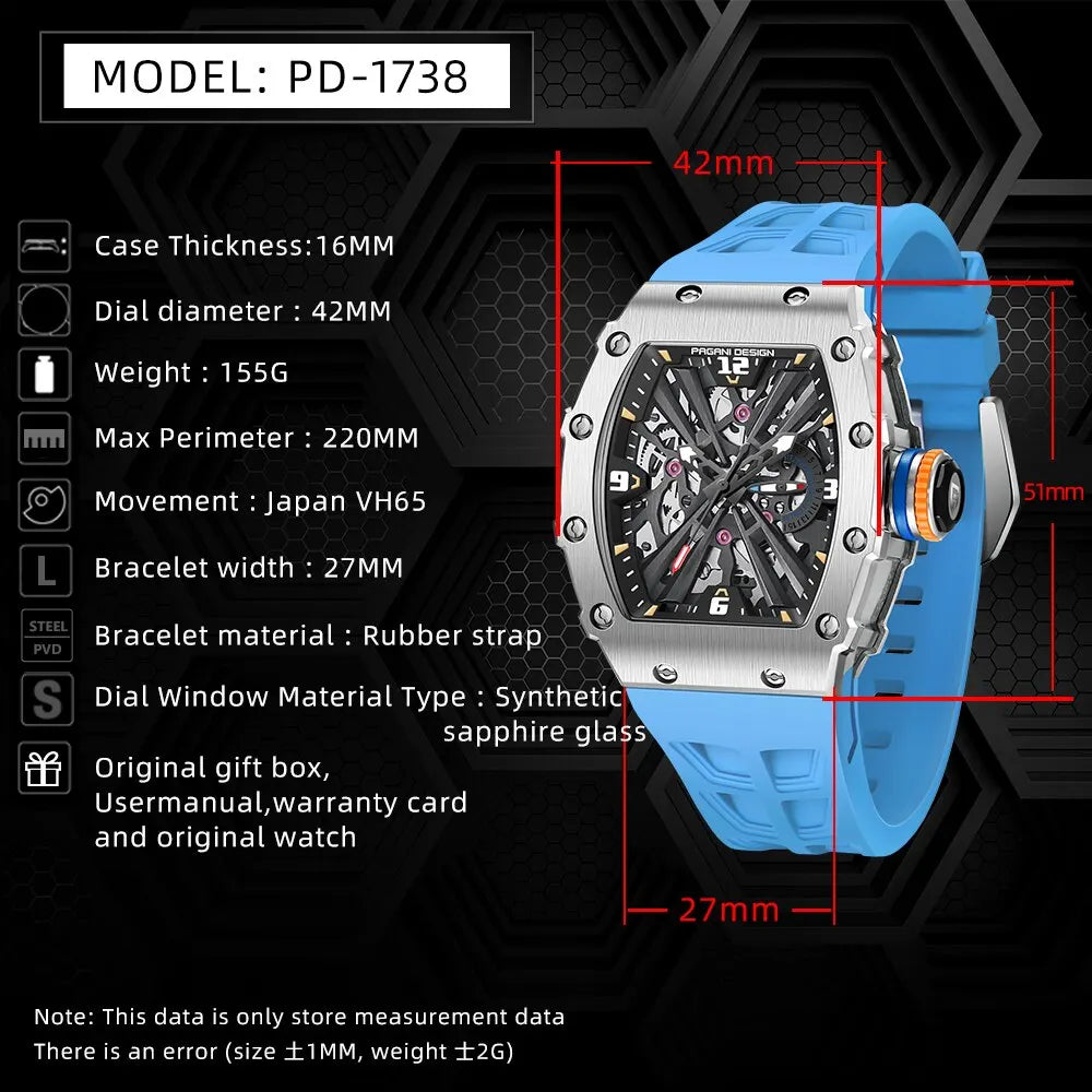 PAGANI DESIGN Men's Quartz Watch - VH65 Movement, Skeleton Dial, 100M Waterproof, Sapphire Glass, Sport Rectangle Watch