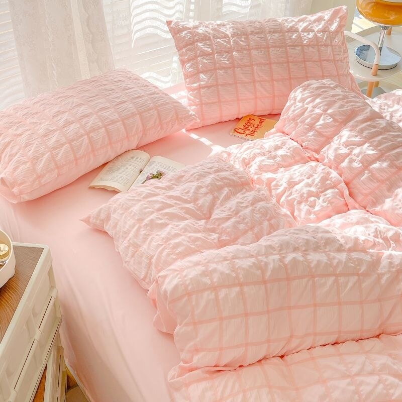 Juego de cama de princesa en seersucker rosa