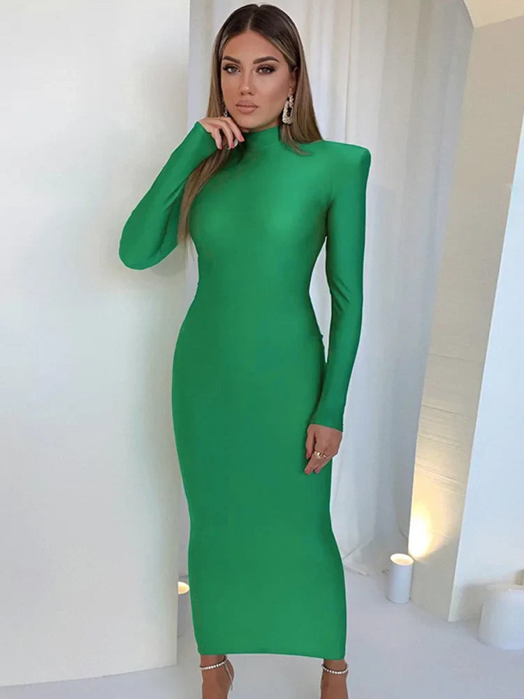 Winnie Schoudergepolsterde Bodycon Maxi Jurk – Elegante Groene Feestlook