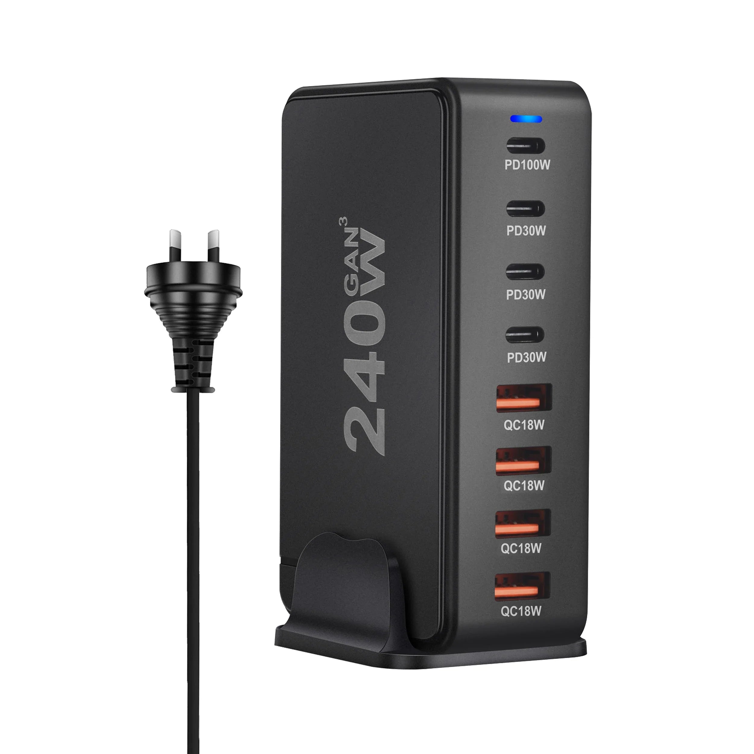 Chargeur GaN de bureau 240 W – Station de charge rapide 8 ports USB Type C PD Quick Charge 3.0 pour appareils mobiles, ordinateurs portables et plus encore