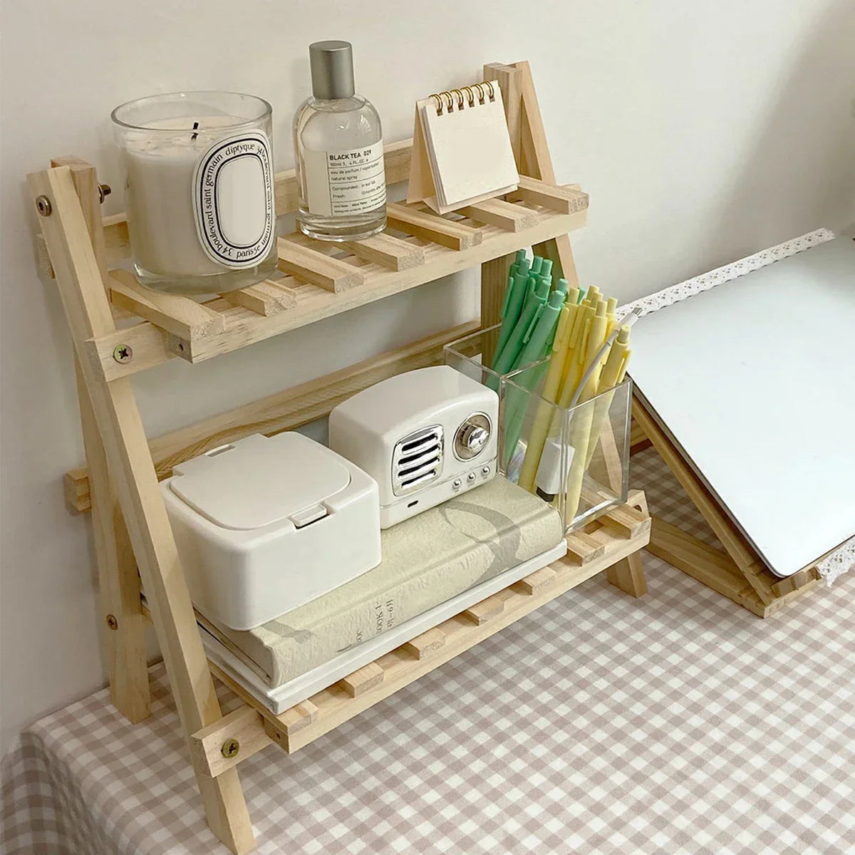 Wooden Double-Layer Folding Shelf