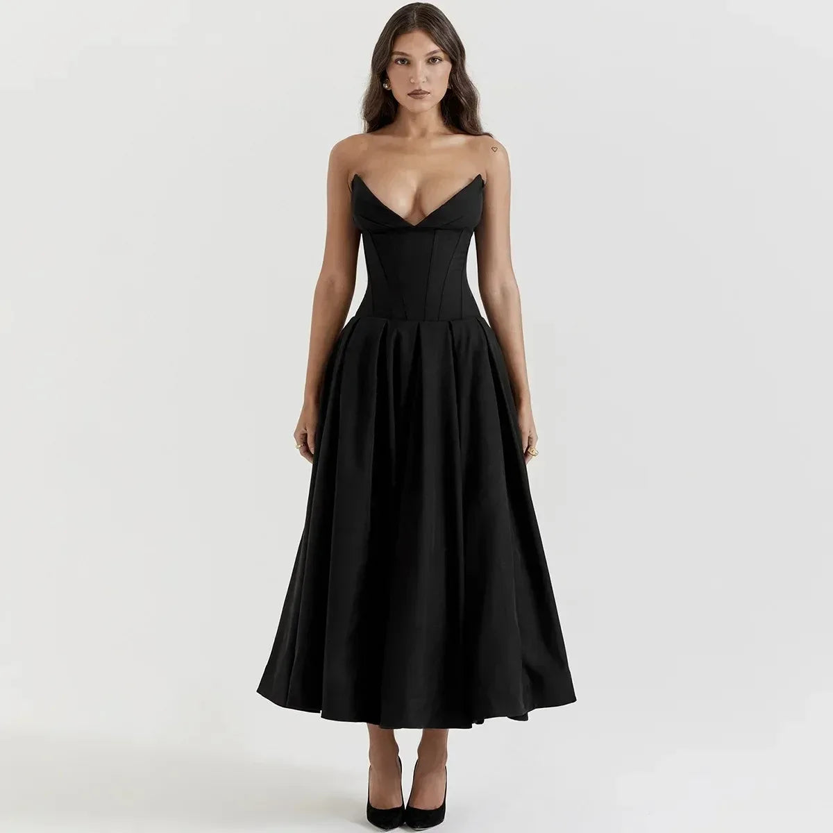 Robe mi-longue corset sans bretelles Sophia – Robe de mariée et de soirée noire élégante pour femme