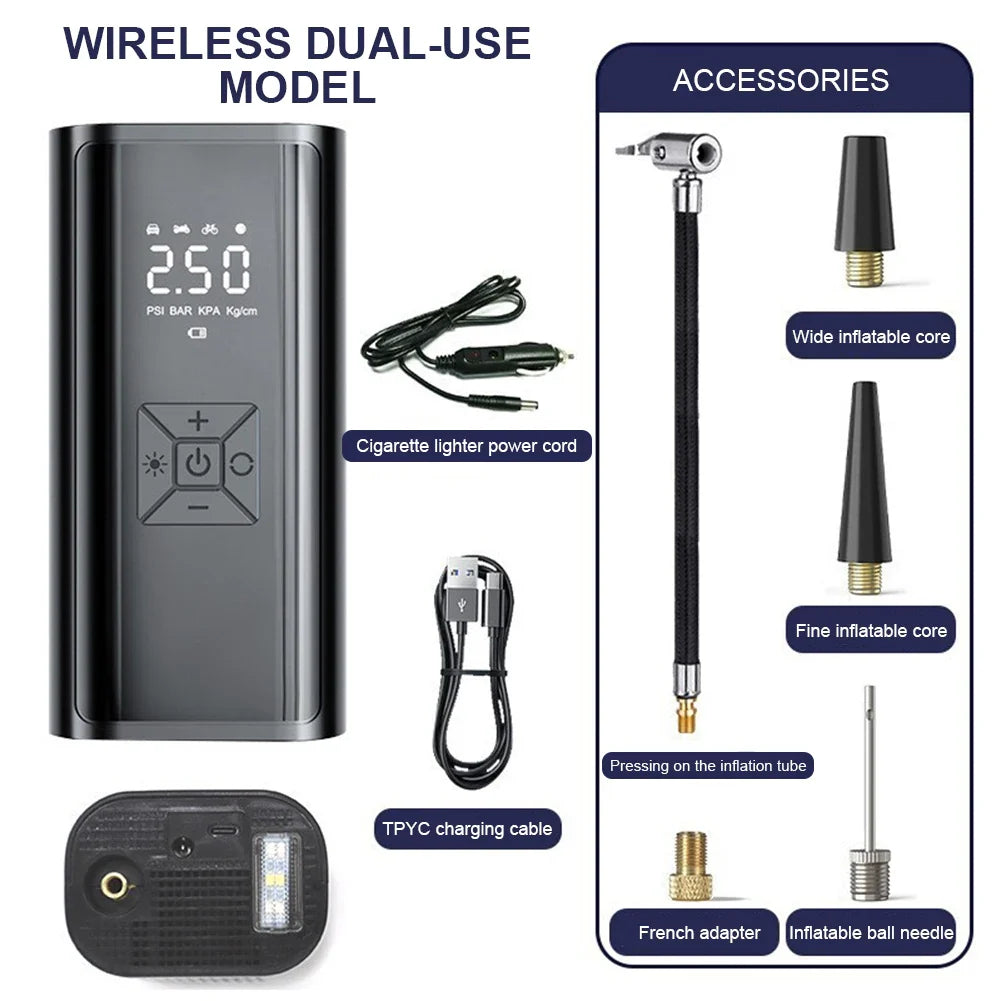 Compresor de aer portabil de mână 120W, pompa de umflat wireless/pe fir, inflator portabil pentru mașină, bicicletă, mingi – Ecran digital, 150PSI, baterie de 2000mAh