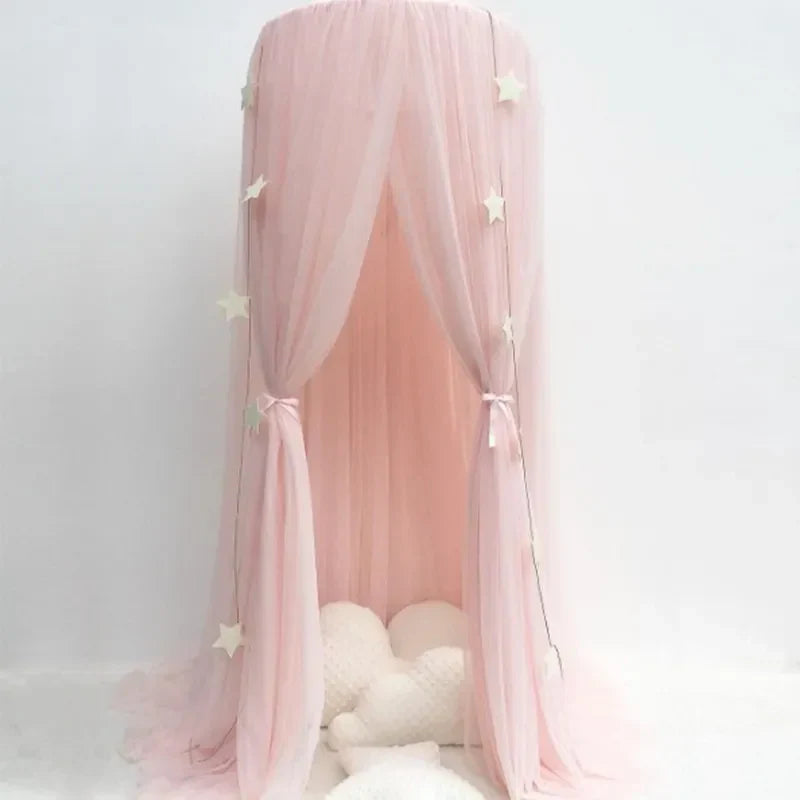 Kids Tulle Bed Canopy with Star Decoration - White, Beige, Pink, Grey, Blue & Purple