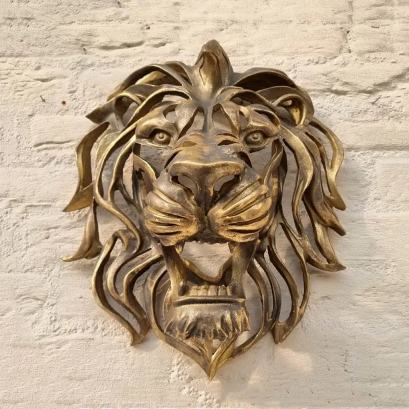 Rare trouvaille-grande tête de lion sculpture artistique murale en résine dorée