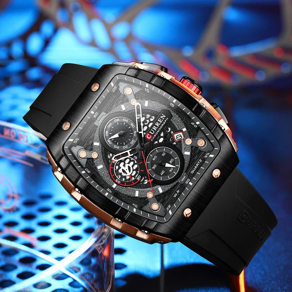 Reloj de cuarzo cuadrado de lujo para hombre - Reloj con fecha y cronógrafo luminoso resistente al agua