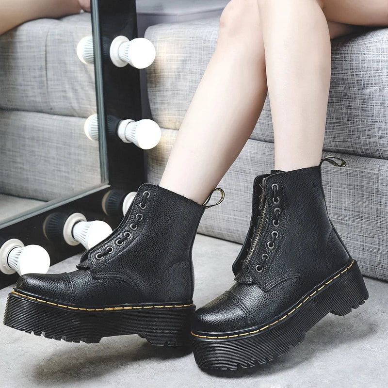 Women’s Genuine Leather Platform Boots – Motorcycle Shoes with Front Zipper & Optical Soles