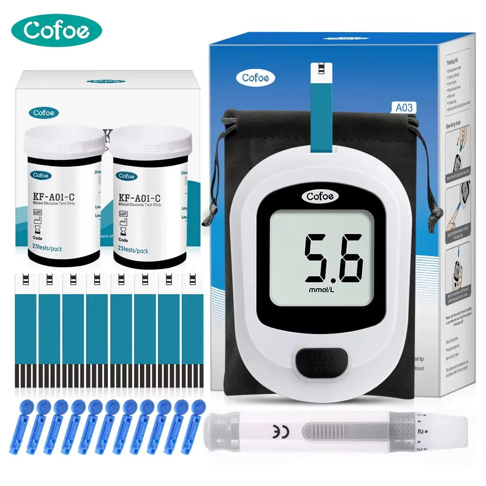 Kit de Medidor de Glicose no Sangue – Glucometro para Diabetes com Tiras de Teste e Lancetas