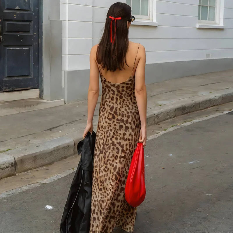 Sara Vintage Leopardí Tisk Cami Šaty - Sexy V-Krk Bez Rukávů Letní Šaty