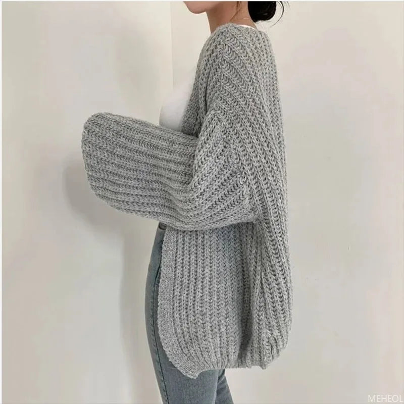 Fall Solid Color Knitted Cardigan - Women's Single Breasted Sweater