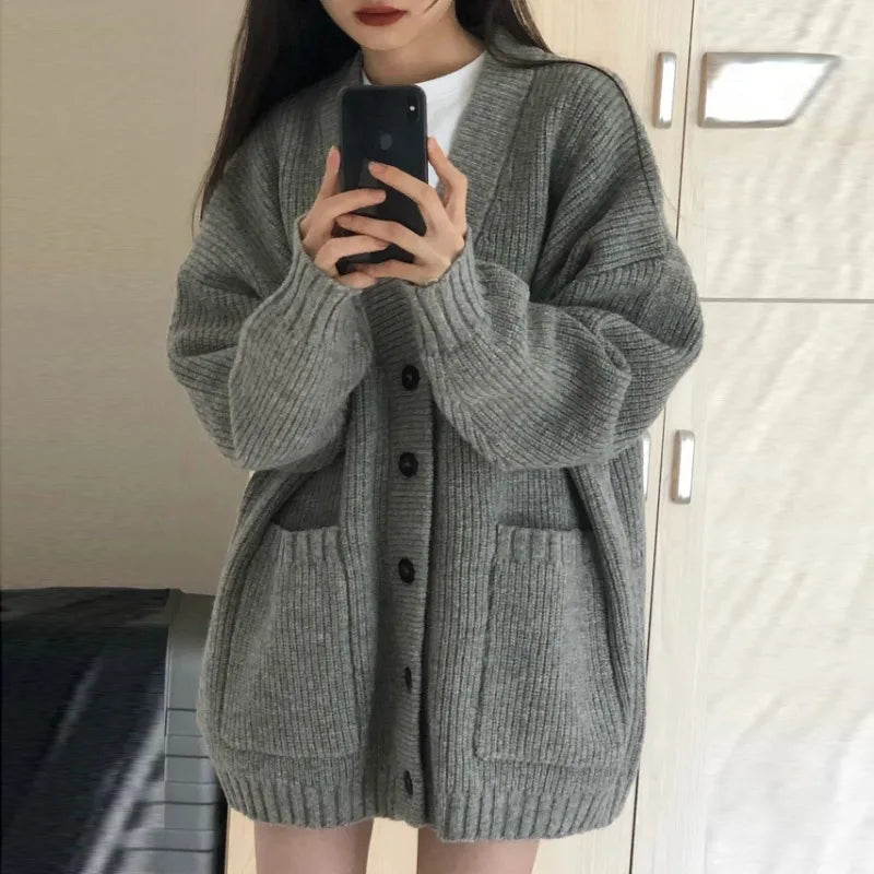 Autumn Winter Women’s V-Neck Cardigan Sweater Coats - Casual Loose Knitted Sweater