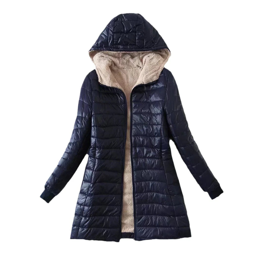 Cozy Mid-Length Hooded Jacket/Coat with Lambswool Lining - Autumn/Winter