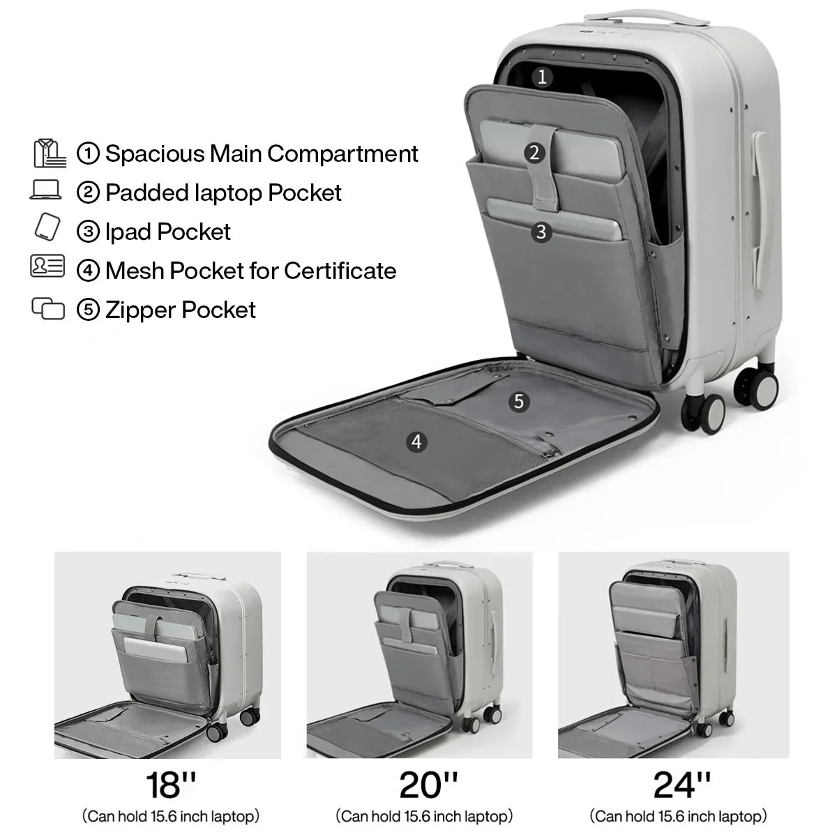 Mixi Patent Design Aluminiumram Resväska Handbagage Rullande Bagage, Vacker Ombord Cabin, 18/20/24 Tum – M9260