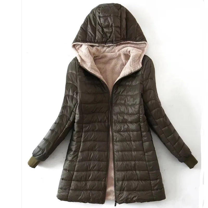 Cozy Mid-Length Hooded Jacket/Coat with Lambswool Lining - Autumn/Winter