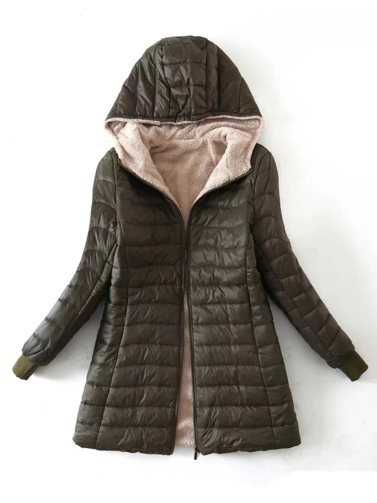 Cozy Mid-Length Hooded Jacket/Coat with Lambswool Lining - Autumn/Winter