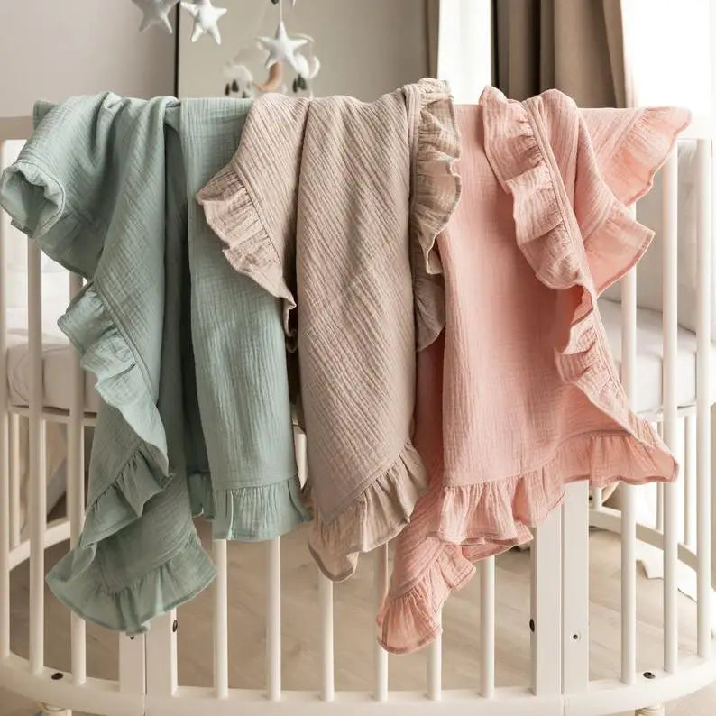 Økologisk bomuld, flæsede muslin baby-svøbtæppe - hvid, beige, pink, lilla og blå