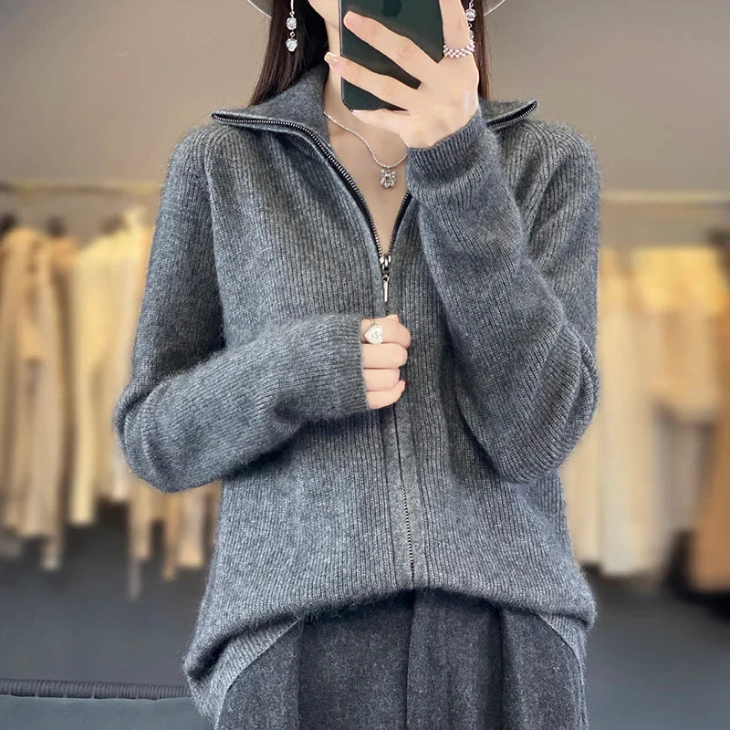 Elena 100 % Cashmere Zipper Cardigan – Loose Fit tröja i koreansk stil