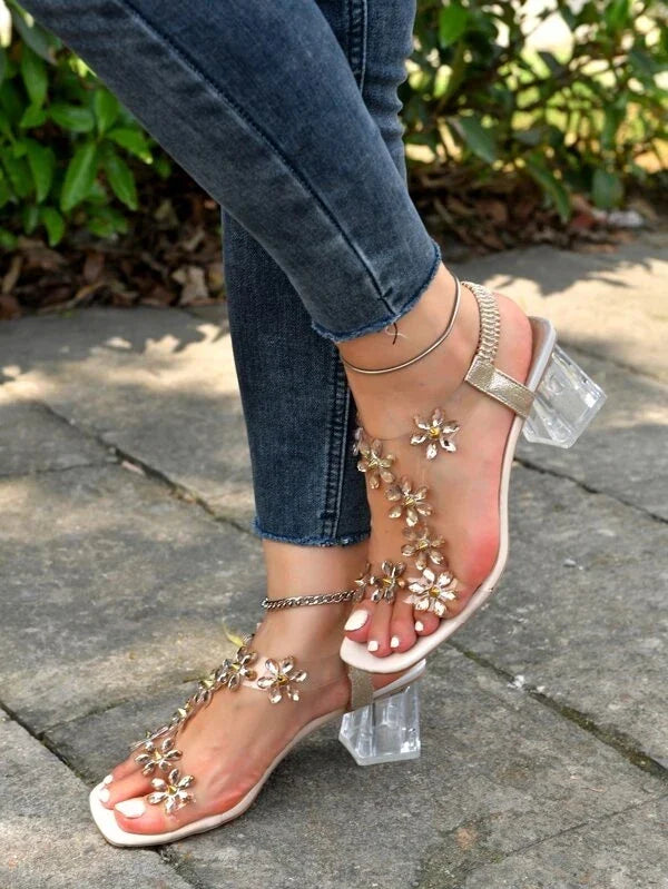 Clara Rhinestone Flower Block Heel Sandals