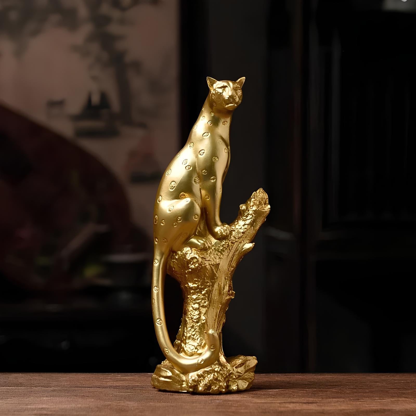 Goldene Leoparden-Statuenfigur aus Kunstharz