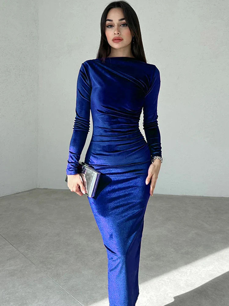 Dulzura Velvet Langarm-Midi-Kleid – Elegantes grünes Partykleid