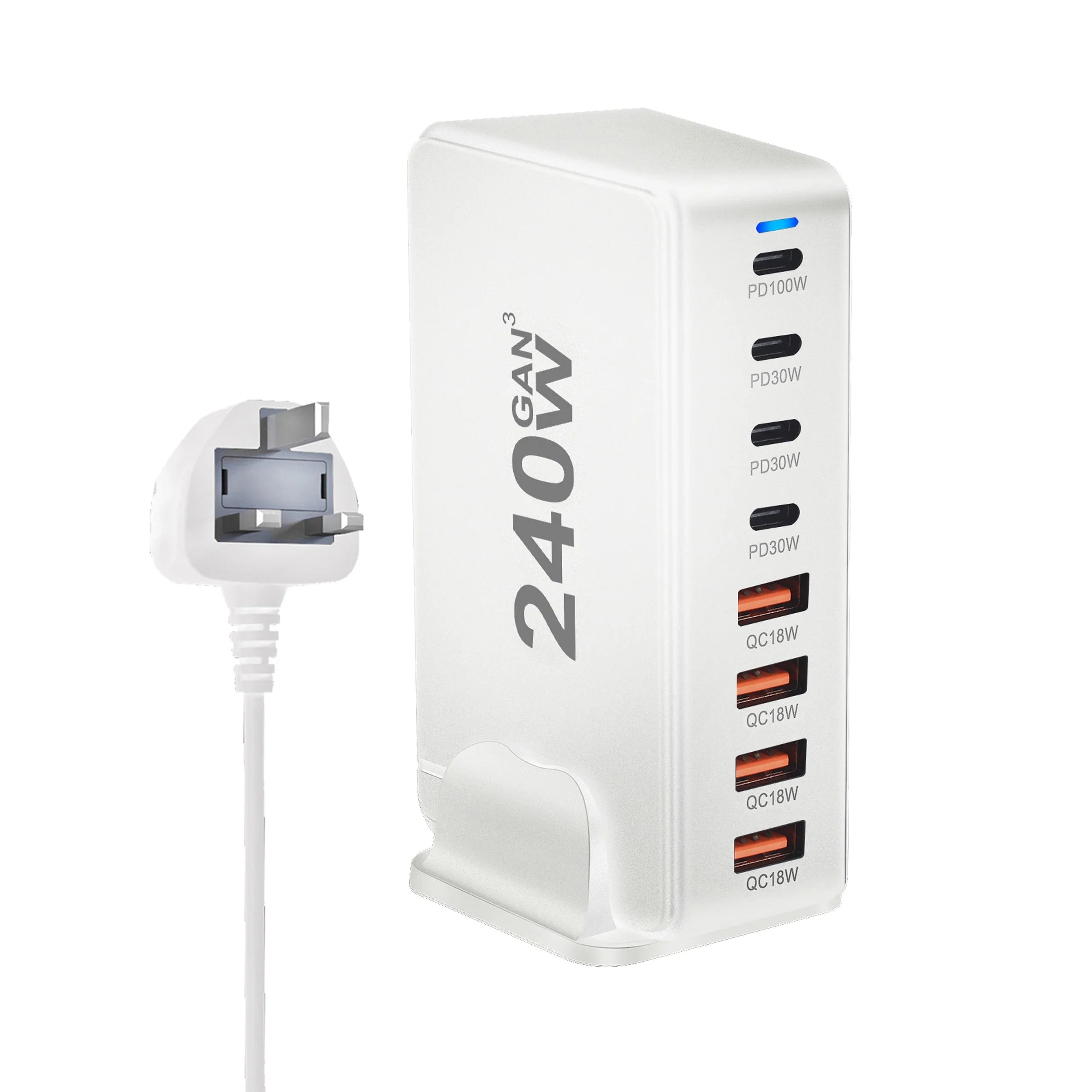 Chargeur GaN de bureau 240 W – Station de charge rapide 8 ports USB Type C PD Quick Charge 3.0 pour appareils mobiles, ordinateurs portables et plus encore