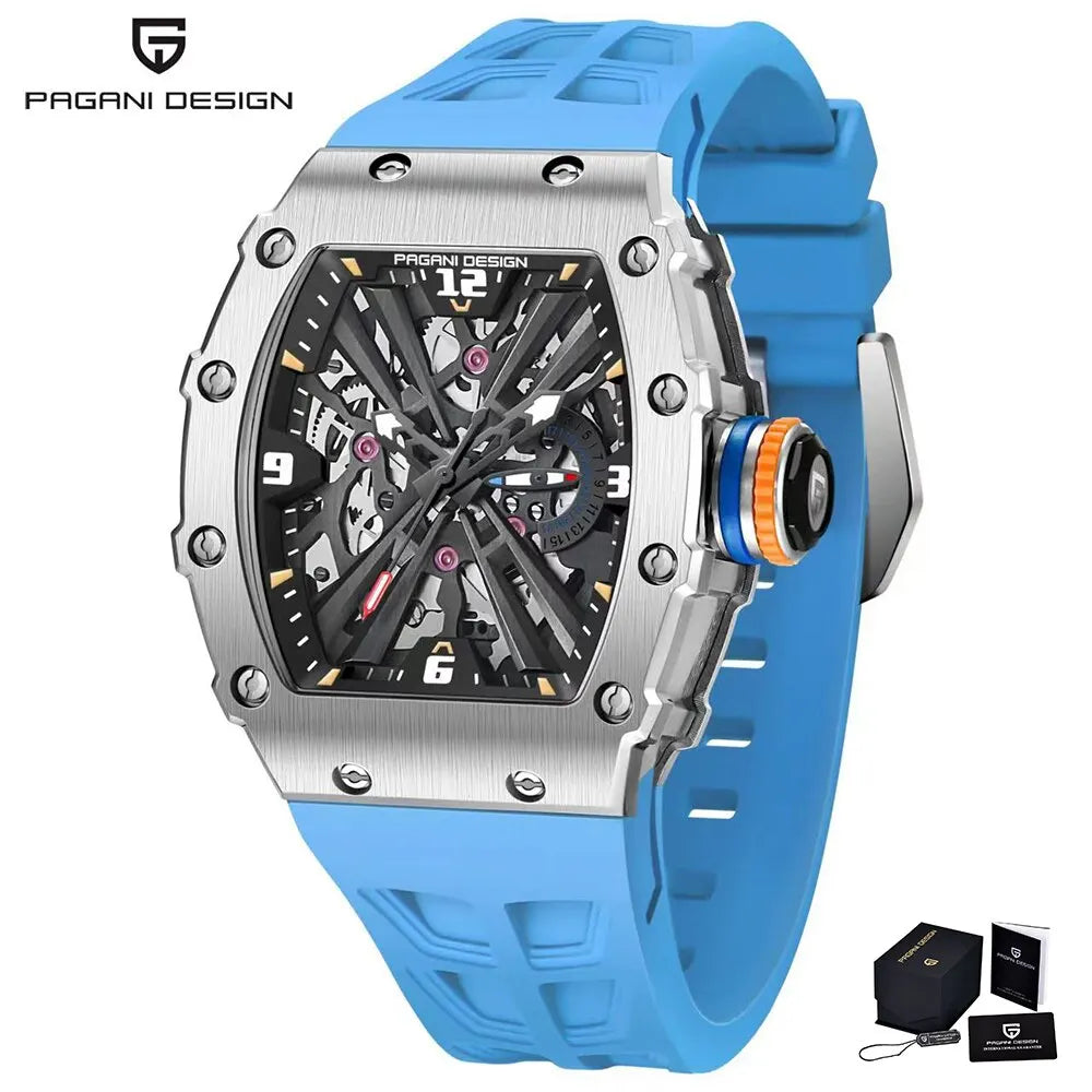 PAGANI DESIGN Men's Quartz Watch - VH65 Movement, Skeleton Dial, 100M Waterproof, Sapphire Glass, Sport Rectangle Watch