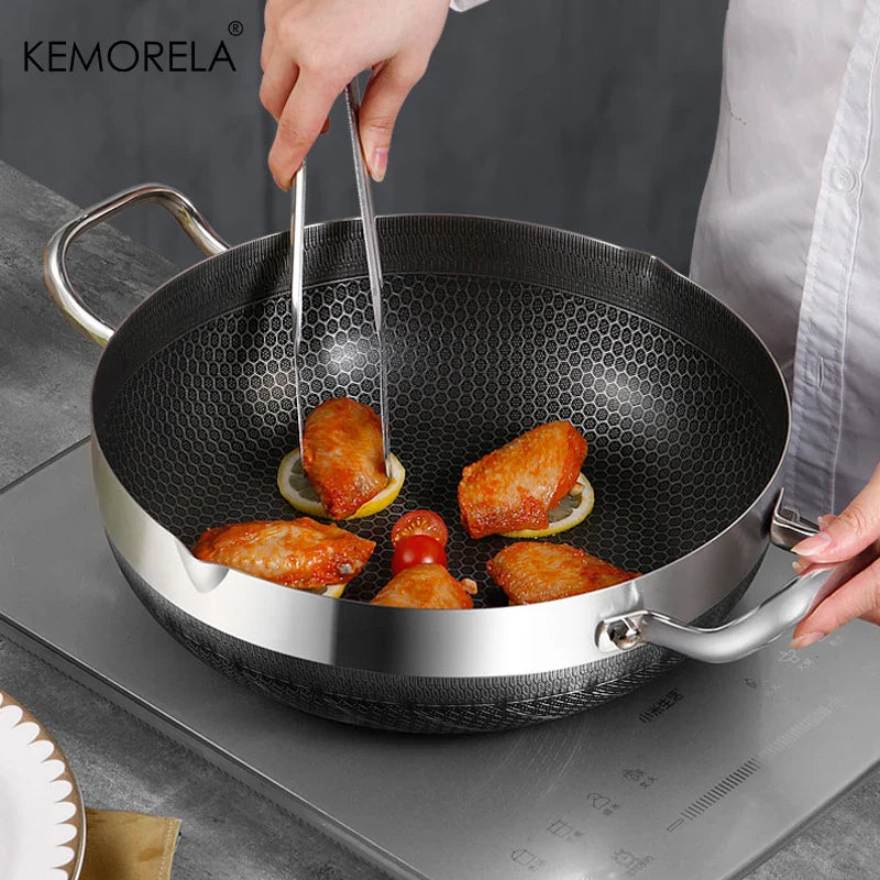 Stainless Steel Non-Stick Frying Pan & Soup Pot with Honeycomb Bottom – 26/28/30CM, Glass Lid, Induction & Gas Compatible