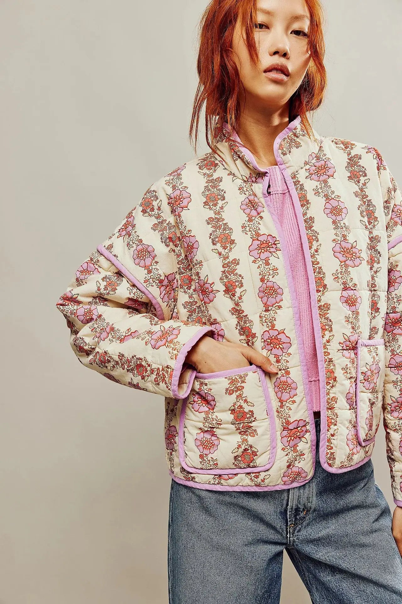 Winnie Floral Print Cropped Puffer Jacket – Trendy Lightweight Autumn/Winter Coat