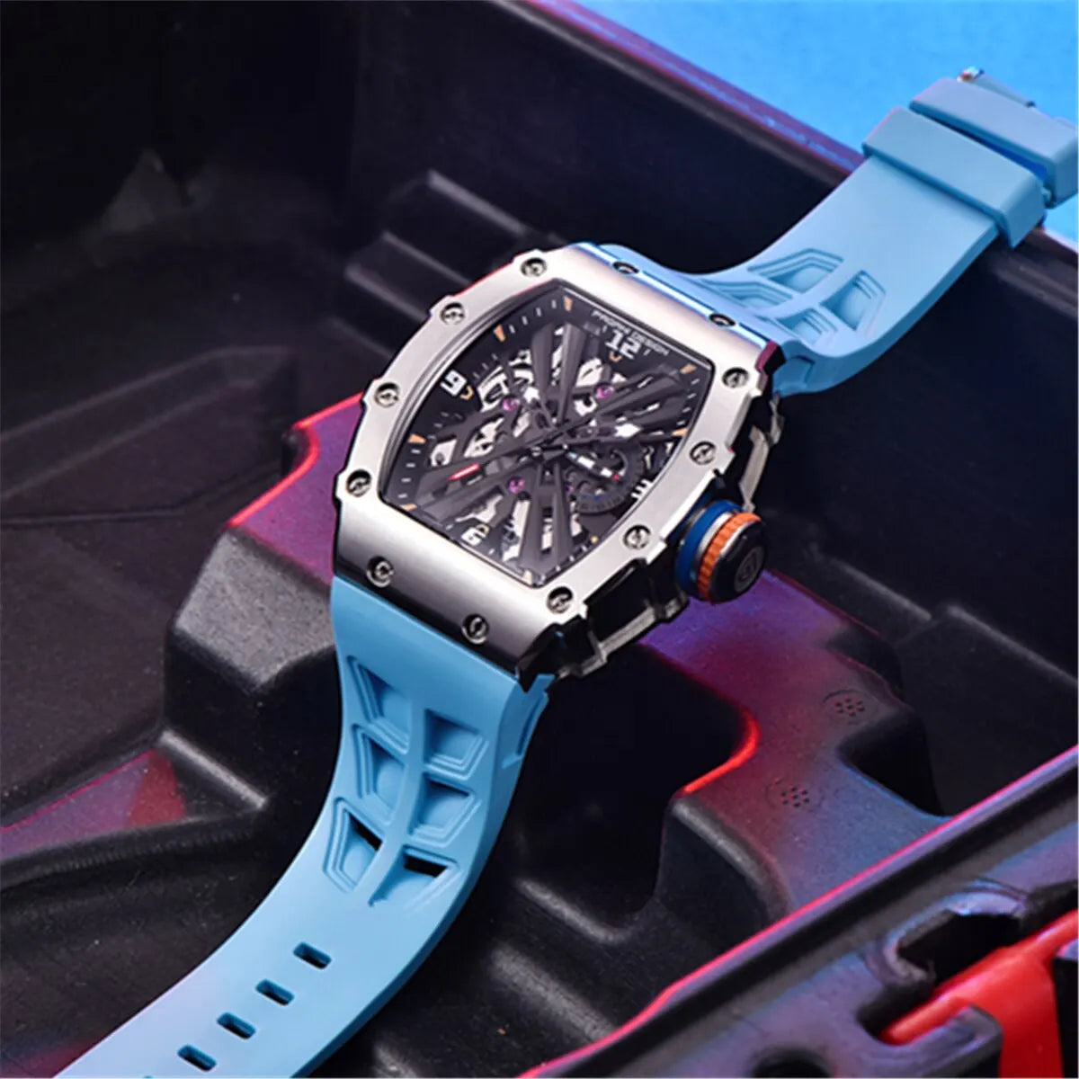 PAGANI DESIGN Men's Quartz Watch - VH65 Movement, Skeleton Dial, 100M Waterproof, Sapphire Glass, Sport Rectangle Watch