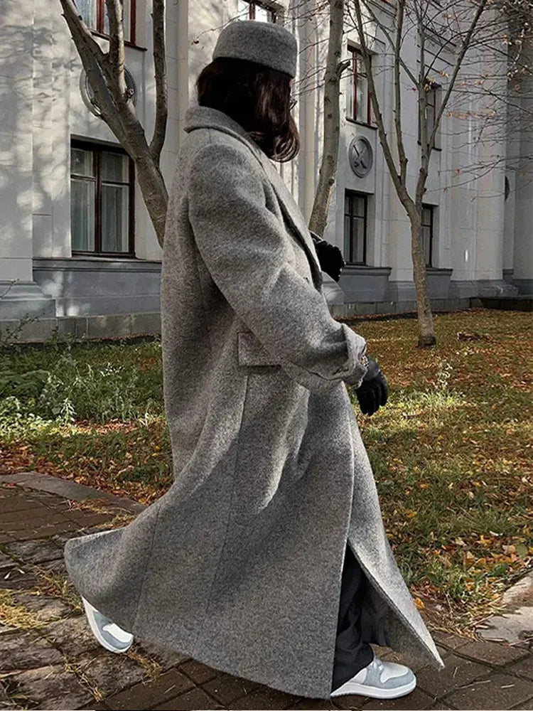 Elena Jacket/Coat - Wool blend - Retro Long Sleeve Maxi Jacket with Double Breasted Design