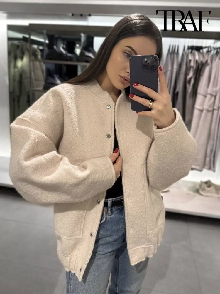 Eliza dámská oversized bomber bunda s kapsami – vintage chic svrchní oděv na podzim/zimu