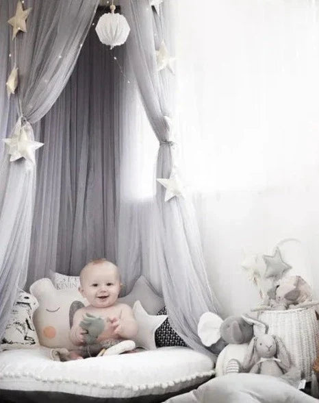 Ciel de lit en tulle pour enfants avec décoration d'étoiles - Blanc, Beige, Rose, Gris, Bleu et Violet