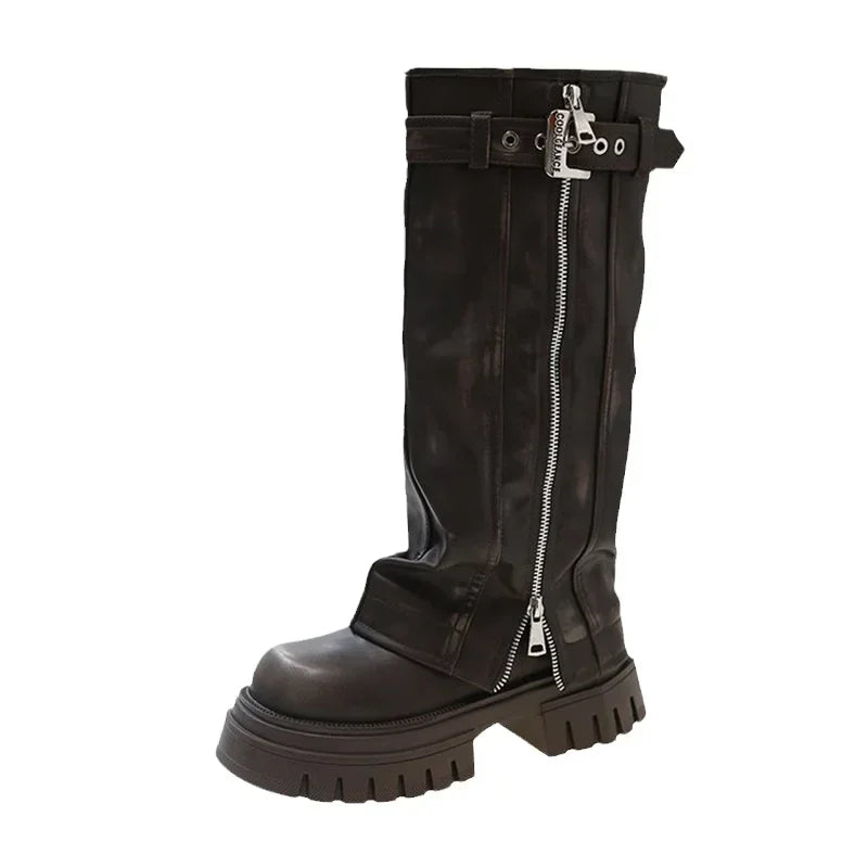 Amanda: Winter Women Biker Booties - Fashion Belte Buckle Platform Knee High Booties