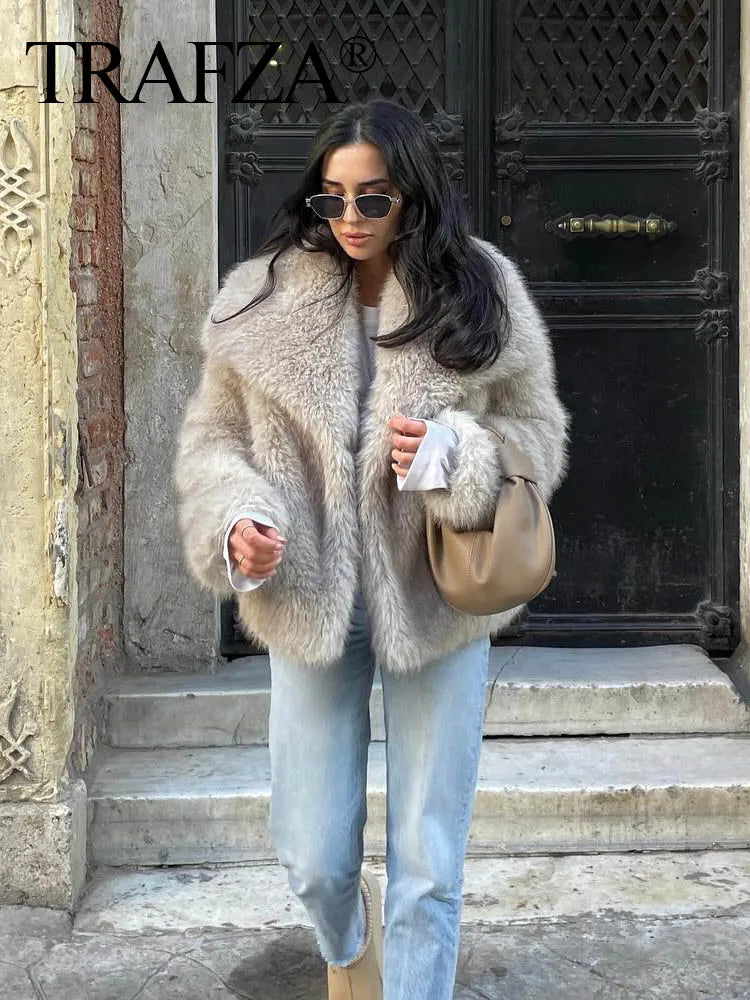 Cropped Faux Fur Jacket - Chic Lapel Collar Long Sleeve Jacket for Women