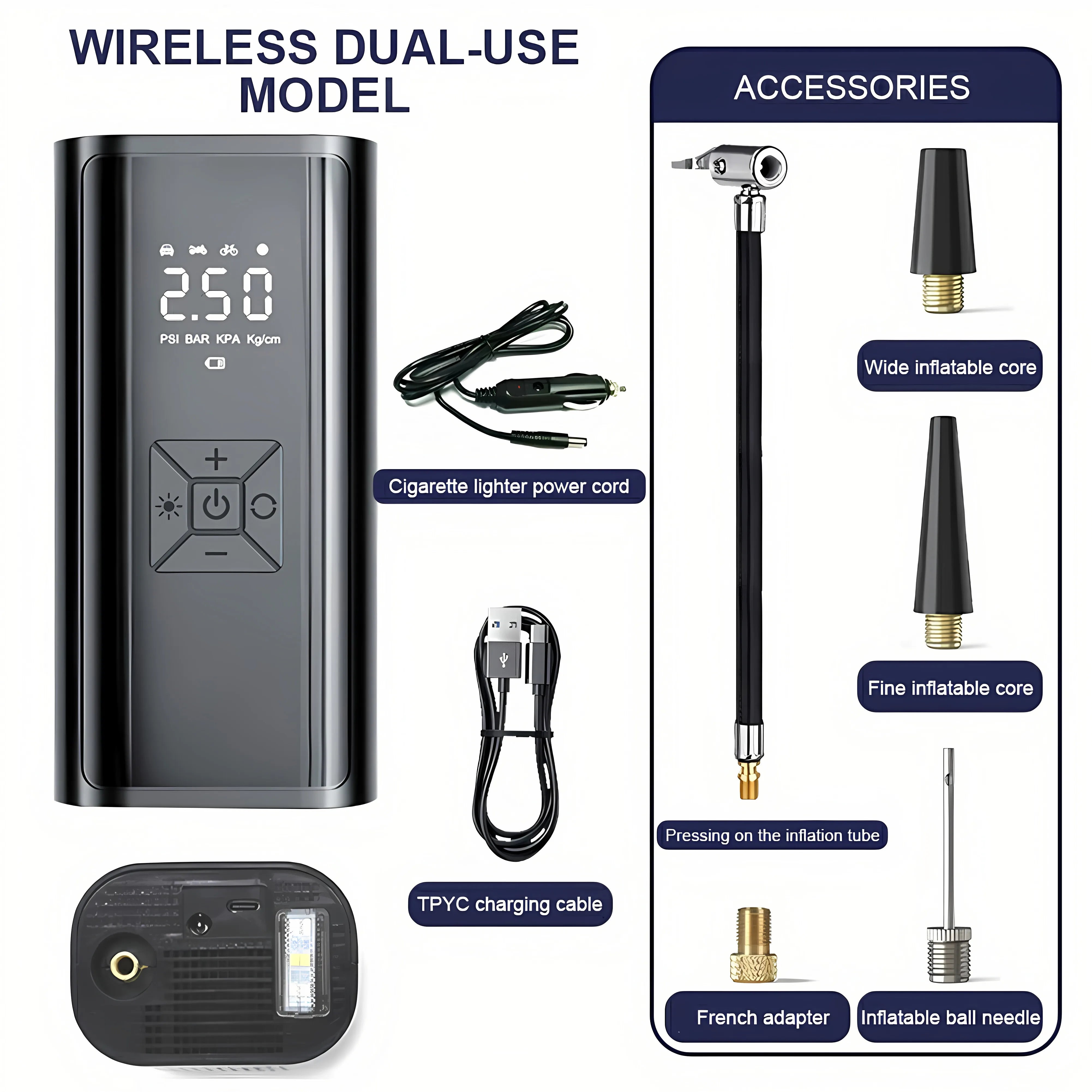 Compresor de aer portabil de mână 120W, pompa de umflat wireless/pe fir, inflator portabil pentru mașină, bicicletă, mingi – Ecran digital, 150PSI, baterie de 2000mAh