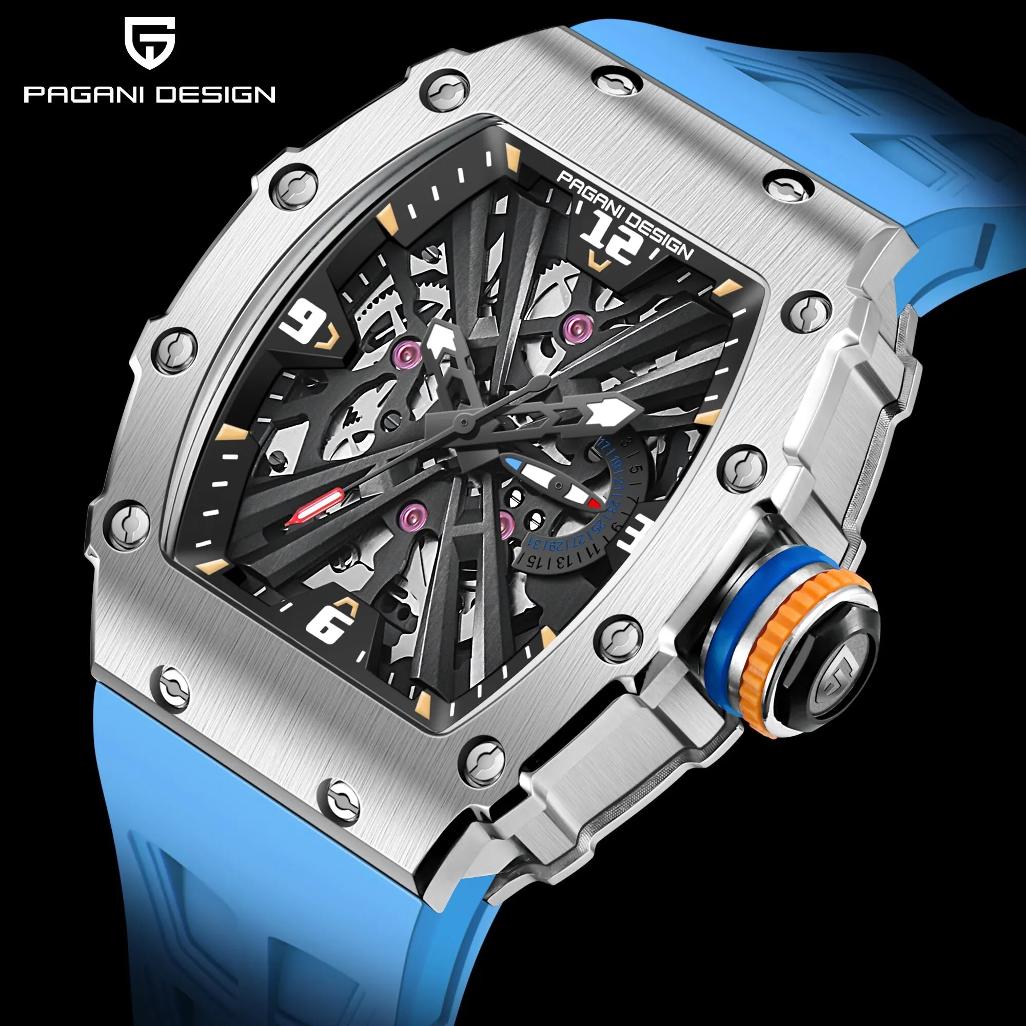 PAGANI DESIGN heren quartz horloge - VH65 uurwerk, skelet wijzerplaat, 100M waterdicht, saffierglas, sport rechthoekig horloge