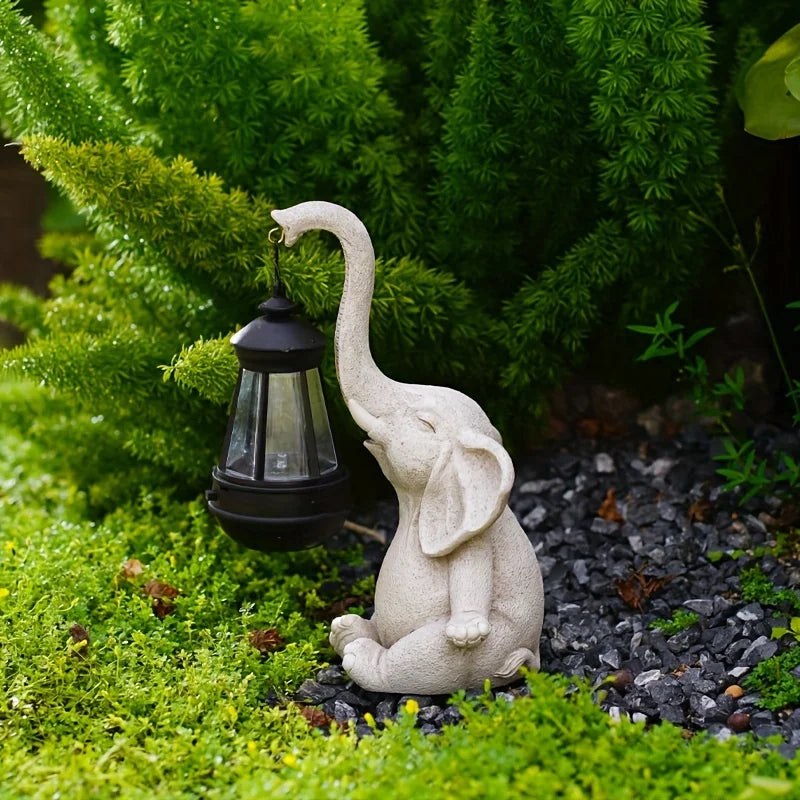 Elefante con adorno de escultura de jardín con linterna solar