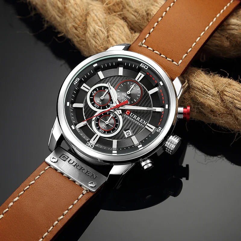 8291  Men's Leather Sports Watch - Chronograph Military Style Quartz Wristwatch