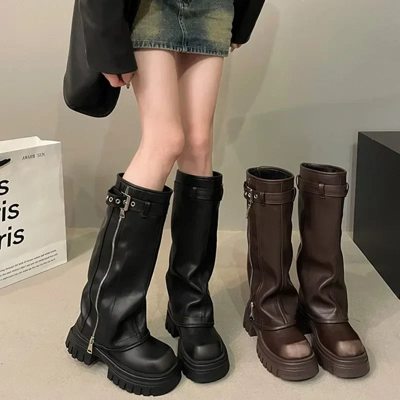 Amanda: Winter Women Biker Booties - Fashion Belte Buckle Platform Knee High Booties