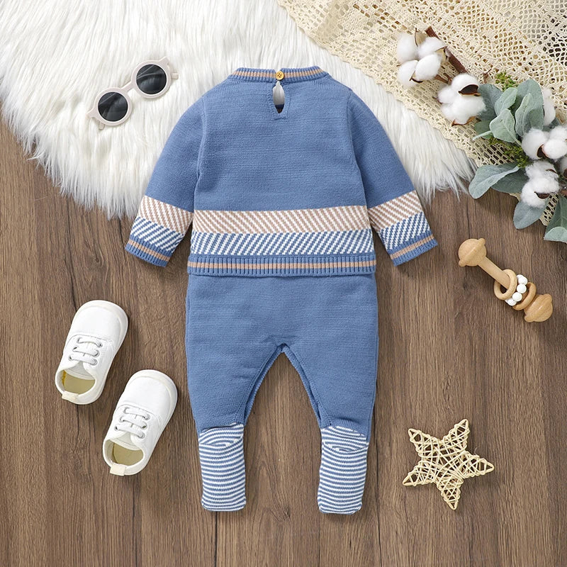 CozyBaby Blue Knit Romper - Combinaison nouveau-né à manches longues pour garçons et filles