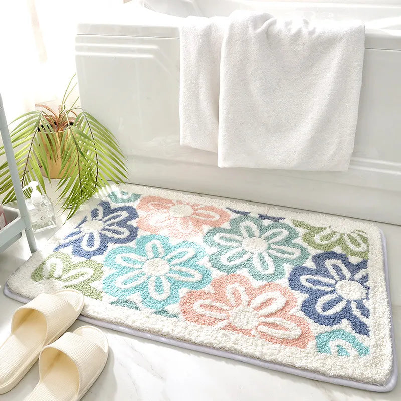 Green Leaves Flocking Bath Mat – Non-Slip, Absorbent Microfibre Bathroom Rug